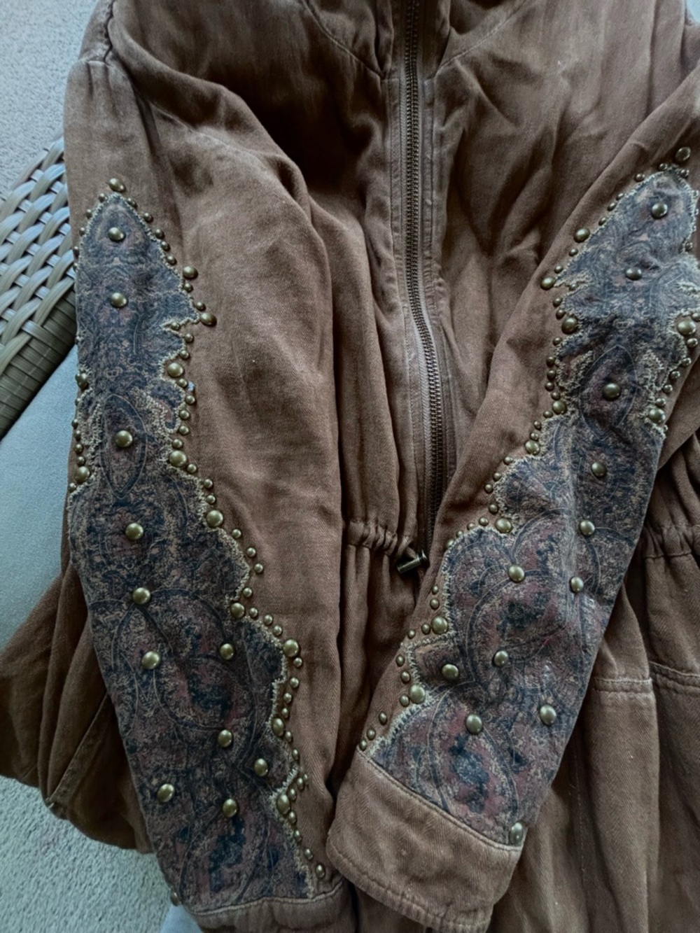Free People Brown Utility Jacket with Studded Embroidered Sleeves✨